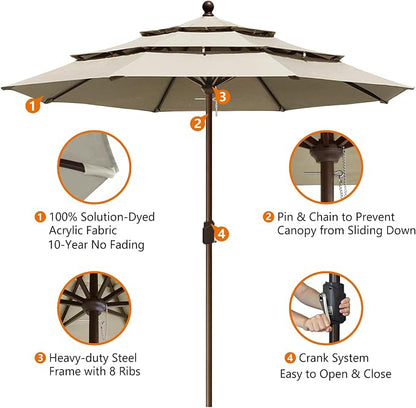 EliteShade USA 10-Year-Non-Fading 10ft 3-Tier Market Patio Umbrella, Commercial Grade Outdoor Table Umbrella with Crank Open, Windproof & UPF 50+ UV Protection, Heavy Duty Ventilation for Garden, Deck, Pool, Backyard, Beach & Bistro, No Tilt, Antique B...