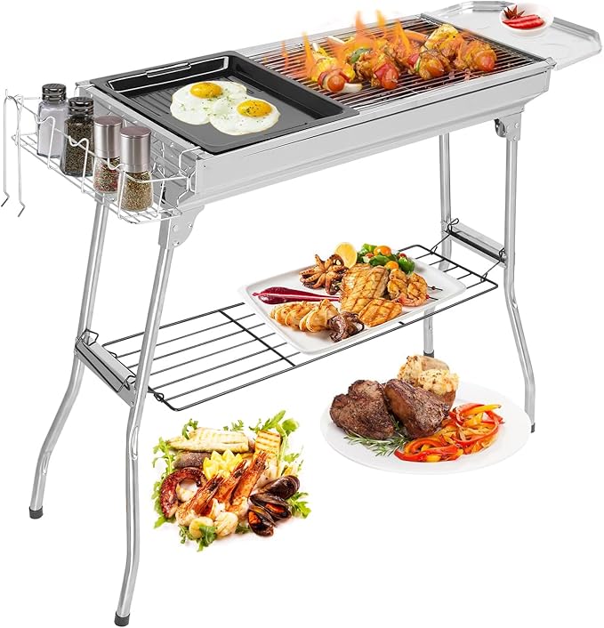 Folding Kabob Grill Stainless Steel, Foldable Barbecue Charcoal Grill with Baking Tray and Storage Shelf, Kebab Grill for Camping Picnic Backyard Grilling Tailgating (39 x 12 x 28 inch)