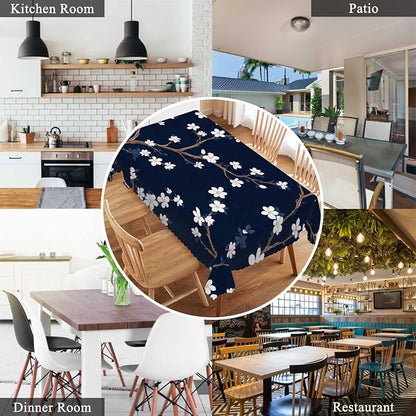 Swono Cherry Blossoms Table Covers 52x70 Inch Branch White Flower Cherry Navy Blue Wipeable Tablecloth Kitchen Dinning Tabletop Decoration, Table Cloth for Outdoor and Indoor Use