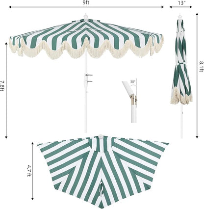 JONATHAN Y Beverly 9 ft. Striped Half Umbrella, Green/White | Coastal Scalloped Fringe, Crank Lift, 30 Degree Manual Tilt, UV 50 Fabric Canopy, Aluminum Frame, Space Saving Design