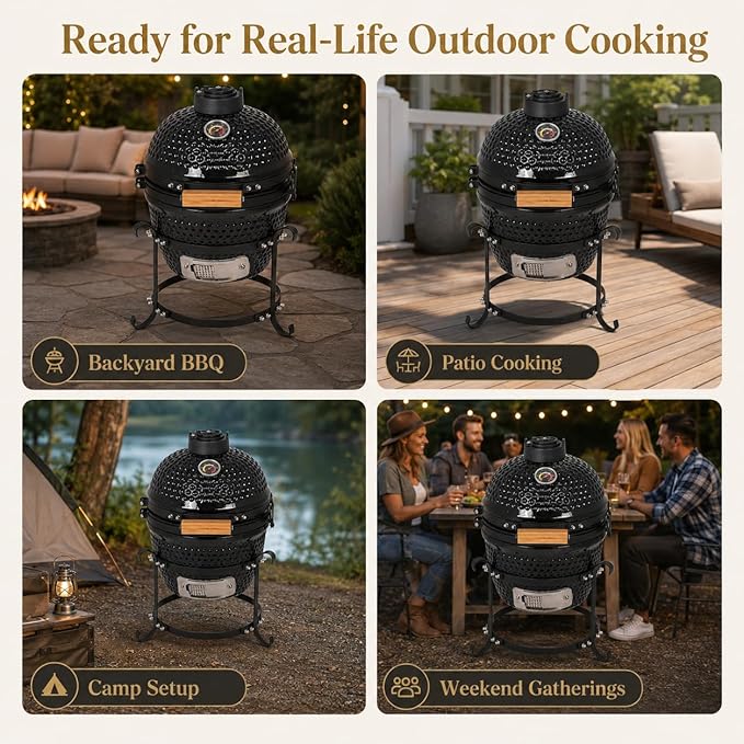 Ceramic Charcoal BBQ Kamado Griller - Portable Small Tabletop Smoker - Round Barbecue Grill and Cooker for Variations on Cooking (Black)