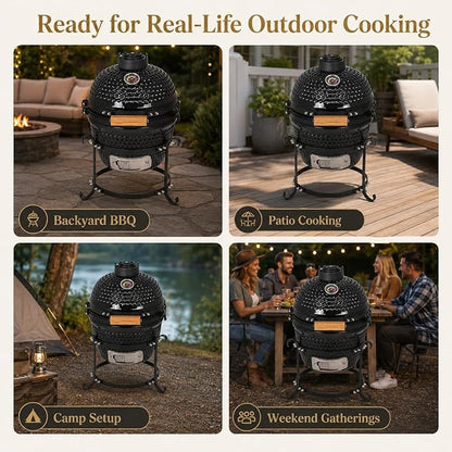 Ceramic Charcoal BBQ Kamado Griller - Portable Small Tabletop Smoker - Round Barbecue Grill and Cooker for Variations on Cooking (Black)