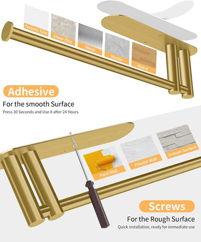STWWO Under Cabinet Paper Towel Holder, Self Adhesive Paper Towel Rack Gold | Under Counter Under Sink Paper Towel Holder, Self-Adhesive or Wall Mounted, Fits Kitchens Bathrooms & RV