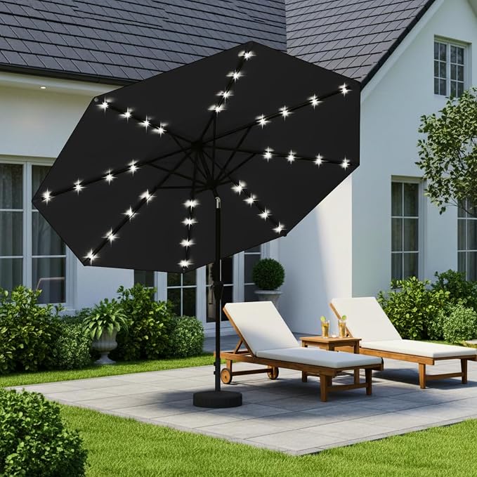 9' Solar LED Patio Umbrella with Tilt & Crank|8 Sturdy Ribs,UV Protection,Outdoor Market Table Umbrella for Deck,Lawn,Pool,Backyard(Black)