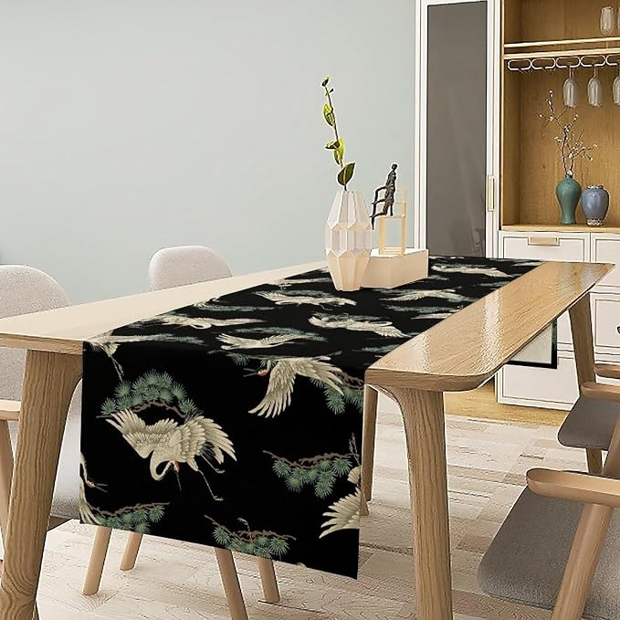 Japanese Crane Table Runner Oriental Vintage Asian Chinese Traditional Bird Trees Plant Dinner Runner Table Decoration for Home Kitchen Dining Holiday Party 13x70in