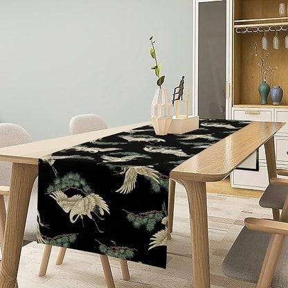Japanese Crane Table Runner Oriental Vintage Asian Chinese Traditional Bird Trees Plant Dinner Runner Table Decoration for Home Kitchen Dining Holiday Party 13x70in
