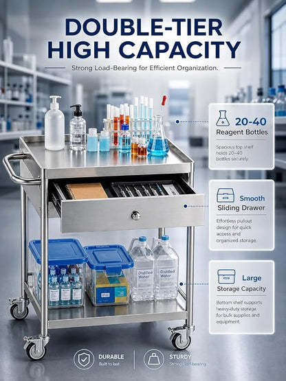Metal Rolling Cart with 360° Silent Wheels, 220 lbs Capacity Utility Cart | 2-Tier Medical Cart with Handle & Lockable Casters for Lab, Clinic, Kitchen, BBQ Party, Salon