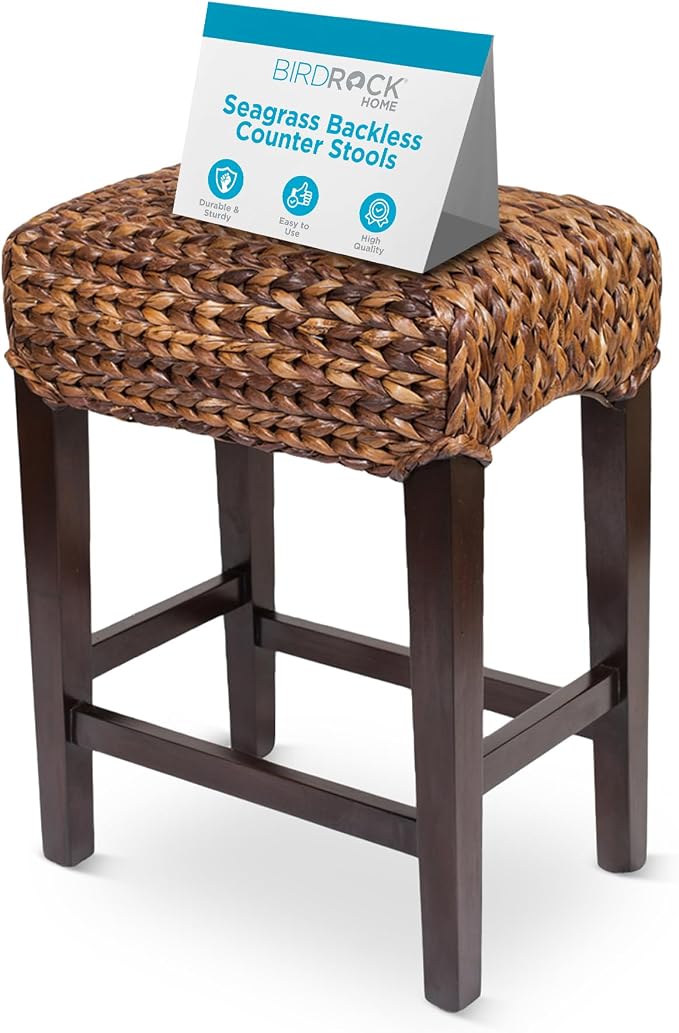 BIRDROCK HOME Seagrass Backless Counter Height Barstool, 24.5" H, Espresso | Backless Counter Stools for Kitchen, Bar, or Dining Room, Fully Assembled Mahogany Wood Barstool with Seagrass Seat