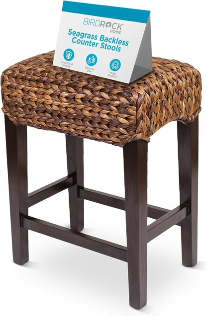 BIRDROCK HOME Seagrass Backless Counter Height Barstool, 24.5" H, Espresso | Backless Counter Stools for Kitchen, Bar, or Dining Room, Fully Assembled Mahogany Wood Barstool with Seagrass Seat