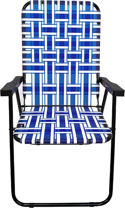 Lawn Chair Folding Steel Webbing Chaise Patio Lounger Seat Wood Handles Great for Camping, Beach, Fishing, Backyard, Stadium, Pool, Boating, and Sports 4 Pack Blue