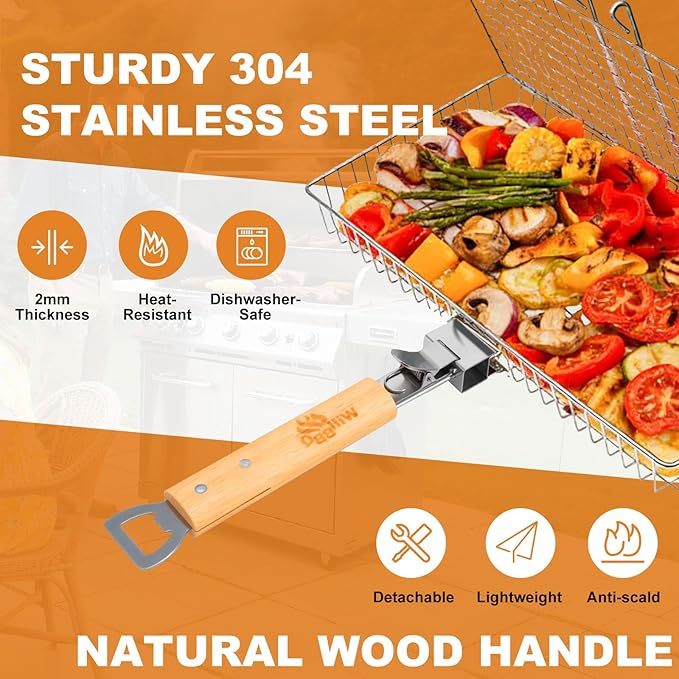 WILLBBQ Grill Basket Set for Camping Outdoor BBQ, Includes 2 Sizes, Removable Divider, Basting Brush, Folding Portable Wooden Handles, Stainless Steel Fish Grilling Veggie Meat Baskets
