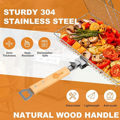 WILLBBQ Grill Basket Set for Camping Outdoor BBQ, Includes 2 Sizes, Removable Divider, Basting Brush, Folding Portable Wooden Handles, Stainless Steel Fish Grilling Veggie Meat Baskets