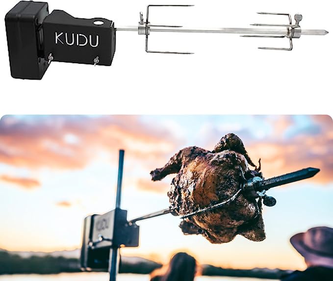 KUDU Rotisserie Kit - Stainless Steel Battery Powered Square Spit for Charcoal Grill 5/16 Inch Square Drive Spit