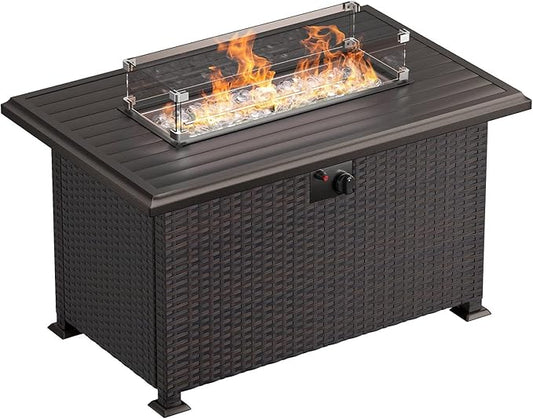 43" Propane Fire Pit Table,55000 BTU Wicker Firepit,Outdoor Fire Pit with Fire Glass,Lid,Waterproof Cover and Blue Glass Stone for Backyard,Garden,Patio