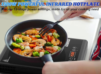 CUSIMAX Hot Plate 1500W Infrared Burner with Touch Panel, LED Display, Adjustable Power and Time 2h, Portable Electric Stove Crystal Glass Countertop Burner, Compatible with All Cookware