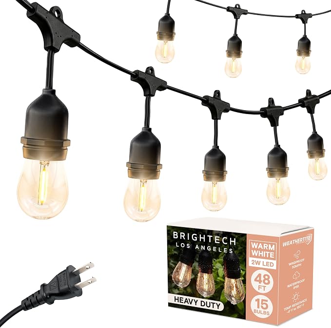 Brightech Ambience Pro - Waterproof LED Outdoor String Lights - 15 Hanging, Dimmable 2W Vintage Edison Bulbs - 48 Ft Commercial Grade Patio Lights Create Cafe Ambience in Your Backyard