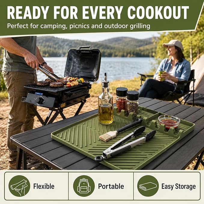 Silicone Griddle Tools Mat for Blackstone Weber, Extra Large 16" x 11.6" Spatula Mat with Drip Pad, Heat Resistant BBQ Accessories Organizer for Outdoor Grill Side Shelf, BBQ Gifts for Men