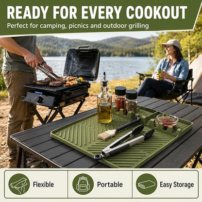 Silicone Griddle Tools Mat for Blackstone Weber, Extra Large 16" x 11.6" Spatula Mat with Drip Pad, Heat Resistant BBQ Accessories Organizer for Outdoor Grill Side Shelf, BBQ Gifts for Men
