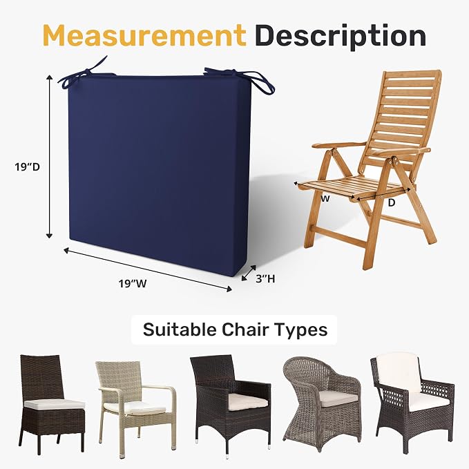 UNIKOME Outdoor Chair Cushions Pack of 4, Water Resistant Patio Cushions with Ties, High Density Sponge Filling Square Corner Seat Cushions for Outdoor Furniture, 19"*19"*3", Navy Blue