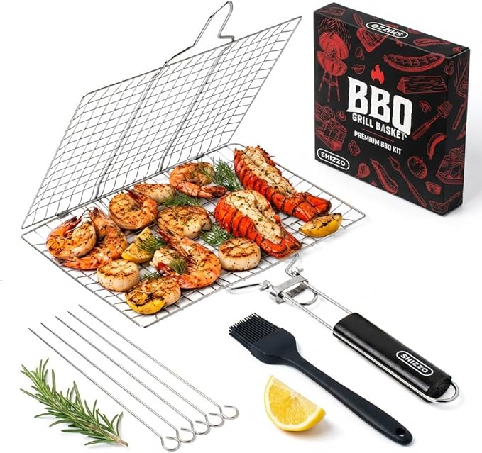 SHIZZO Shallow Grill Basket Set, Grilling Accessories Barbecue BBQ, Stainless Steel Folding Portable Outdoor Camping Rack for Fish, Shrimp, Vegetables, Cooking Accessories, Gift for Family, Freinds