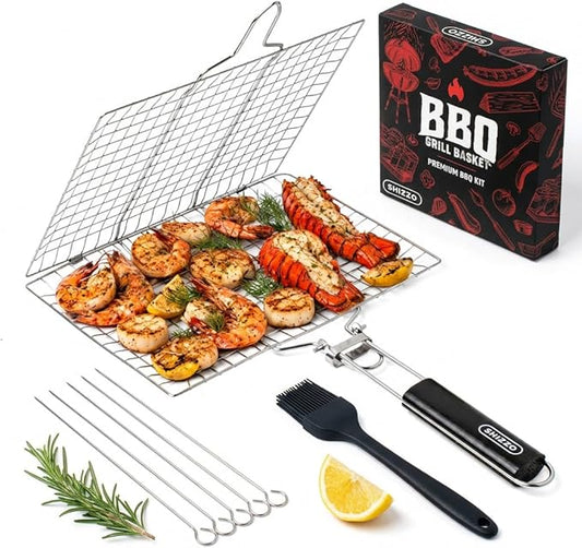 SHIZZO Shallow Grill Basket Set, Grilling Accessories Barbecue BBQ, Stainless Steel Folding Portable Outdoor Camping Rack for Fish, Shrimp, Vegetables, Cooking Accessories, Gift for Family, Freinds