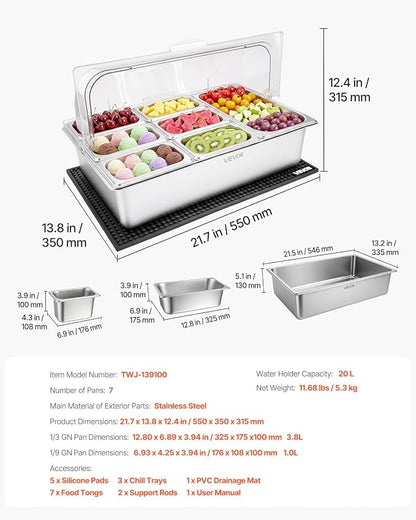 VEVOR Countertop Food Serving Display Container, Stainless Steel Food Salad Server Tray, Buffet Condiment Dispenser, Ice Cooled Rack with Clear Roll Top Cover, for Restaurant Hotel (1x1/3+6x1/9 Pan)