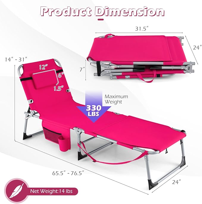 GYMAX Tanning Chair, 3 in 1 Sun Bathing Lounge Chairs with Face/Arm Holes & Side Pocket, Portable Lightweight Face Down Layout Tanning Chair for Outside, Beach, Backyard, Poolside (1, Pink)