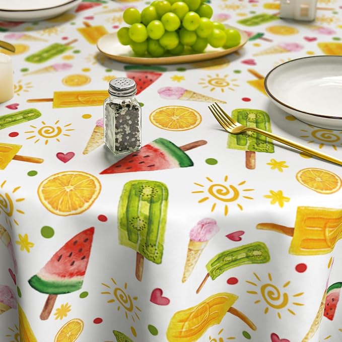 Horaldaily Summer Tablecloth 90 x 90 Inch Round Tropical Popsicle Ice Cream | Orange Sunshine Bamboo Seasonal Washable Table Cover for Party Picnic Dinner Decor