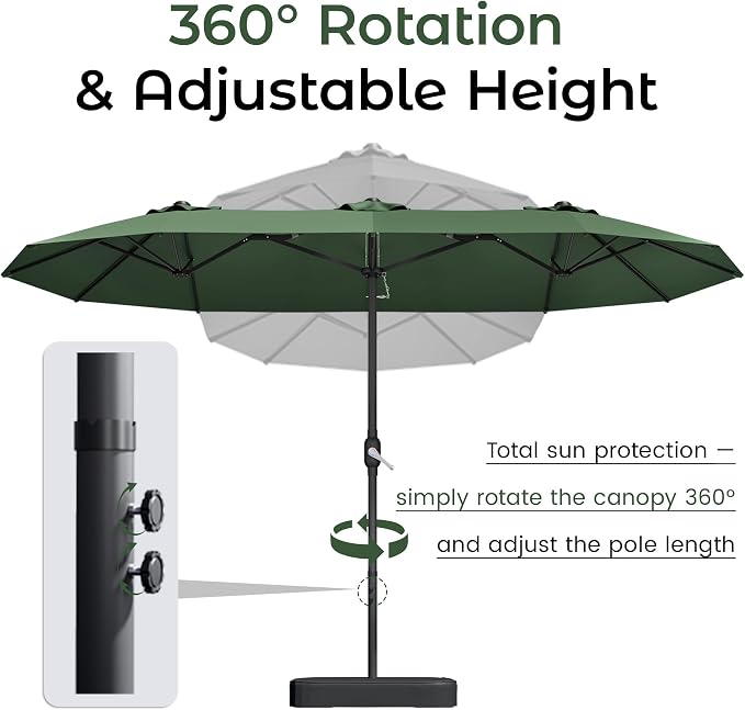 DomeShade 15ft Large Patio Umbrella with Base Included, Outdoor Double-Sided Rectangular Market Umbrella with Crank Handle,Heavy Duty Extra Large Outside Umbrella for Backyard,Pool,Deck,Lawn,Green
