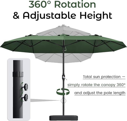 DomeShade 15ft Large Patio Umbrella with Base Included, Outdoor Double-Sided Rectangular Market Umbrella with Crank Handle,Heavy Duty Extra Large Outside Umbrella for Backyard,Pool,Deck,Lawn,Green