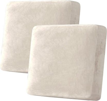 H.VERSAILTEX Velvet Stretch Couch Cushion Cover Plush Cushion Slipcover for Chair Loveseat Sofa Cushion Furniture Protector Seat Cushion Sofa Cover (2 Piece Large Sofa Cushion Covers, Ivory)