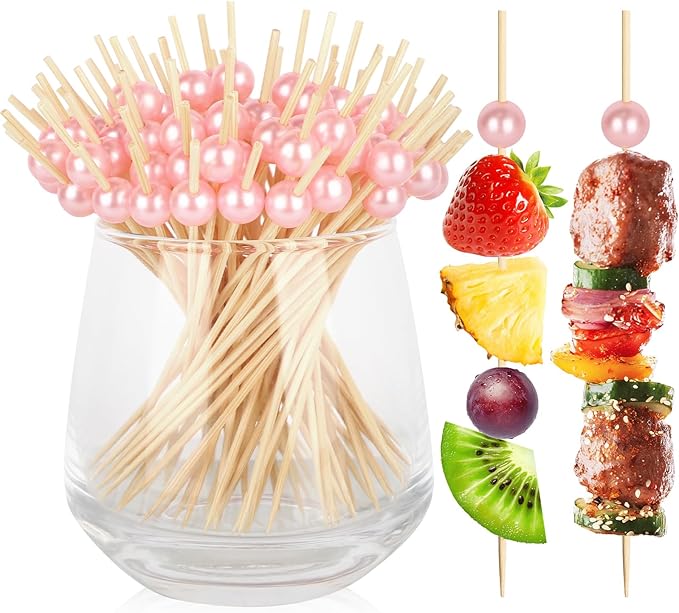 200PCS Cocktail Picks, Pink Pearl Decorative Toothpicks for Appetizers, 4.7 Inch Long Fancy Bamboo Skewers Wooden Charcuterie Sticks for Drinks Fruit Food Wedding Decor Party Supplies Bridal Shower