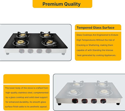 24 Inch Gas Cooktop, Tempered Glass Gas Stove with 4 Burner | Stainless Steel Lower Body Countertop Gas Stove for RV Propane Stove, Apartment & Outdoor Use with Hose Pipe & Regulator