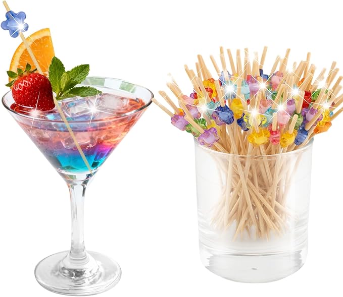100 Pcs Cocktail Picks, Multicolor Flowers Decorative Toothpicks, for Holiday Valentines Day Theme Party Wooden Long Sticks Appetizers Fruits Drink Garnish Decorations (4.7 Inch)