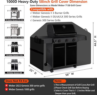 58" BBQ Grill Cover for Outdoor Grill 1000D Heavy Duty Waterproof | Fits Weber Genesis II, LX 300, Genesis 300 Series Gas Grills, Tear & Fade Resistant 7130 Grill Cover with Buckles, Air Vents