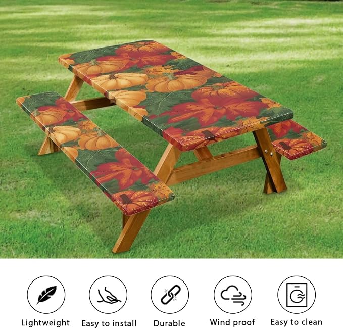 Thanksgiving Elastic Fitted Table Cloth for Camping Party Supplies 3 PCS Set Classic Pumpkin Maple Leaf Outdoor Picnic Table Cover with Bench Covers