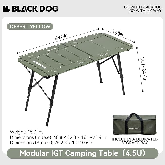 BLACKDOG IGT Camping Table, Folding Portable Camp Table, Adjustable Height Aluminum Portable Table with Carry Bag for Outdoor, Pictic, Patio and Backyard 48.8" L x 22.8" W, Jungle Green