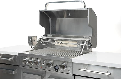 Mont Alpi Premium 70"W x 24"D x 46"H Stainless Steel Outdoor Kitchen Island with Refrigerator + 32"W 4-Burner BBQ Grill + Accessory Bundle - Natural Gas Conversion Kit + Griddle Plate + Charcoal Tray
