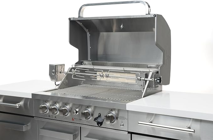 Mont Alpi Premium 70"W x 24"D x 46"H Stainless Steel Outdoor Kitchen Island + 32"W 4-Burner BBQ Grill with Infrared Burner + Storage Cabinets + White Granite Countertops + Natural Gas Conversion Kit