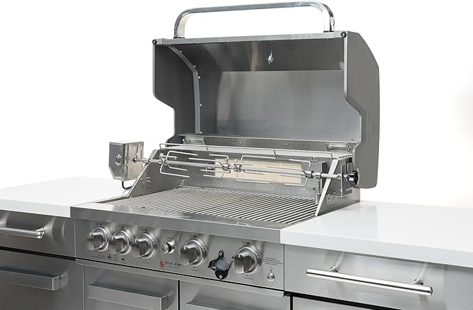 Mont Alpi Premium 70"W x 24"D Stainless Steel Compact Outdoor Kitchen Island with Refrigerator + 32"W 4-Burner BBQ Grill with Infrared Rotisserie Burner + Storage Cabinets + White Granite Countertops
