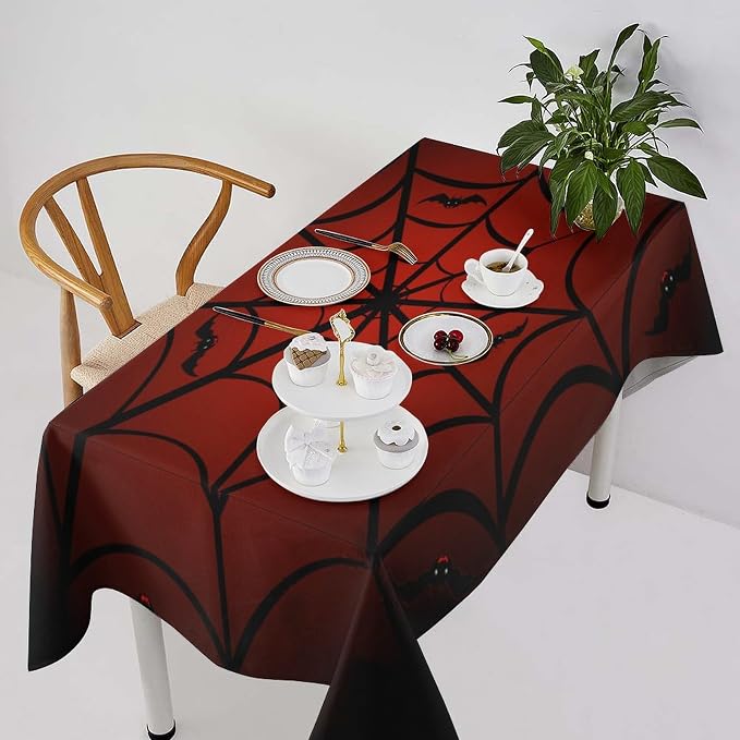 Spider Web Tablecloth, Gothic Black Spider Web Bat Red Water Resistant Wipeable Table Cover for Picnic Party Holiday Kitchen Dinner Table 60"x90"