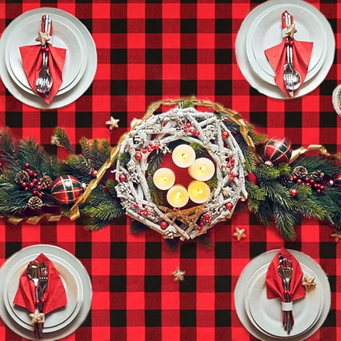 B-COOL Christmas Tablecloths Plaid Tablecloth Farmhouse Buffalo Checkered Table Cover for Christmas Thanksgiving Day Halloween Party Decorations (Black and Red Checkered, 56x84 inch)