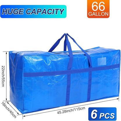 4 Pcs 66 Gallon Extra Large Moving Bags Heavy Duty Storage Bag with Strong Zipper Handle Foldable XXL Jumbo Storage Tote Packing Moving Box for College Dorm Travel Cloth Duffle (Blue)