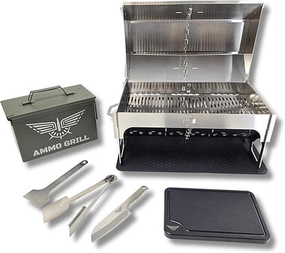 M2A1 Pro Lid Edition | 304 Stainless Steel Portable Charcoal Grill with 3 Grates, Silicone Mat, Cutting Board, Knife, Tongs/Spatula & Scraper