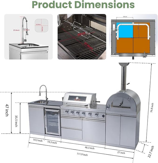 112" Outdoor Kitchen Island,Stainless Steel Propane BBQ Grill with Standalone Side Burner Pizza Oven, Rotisserie, Refrigerator, Granite Countertop, Storage Cabinets & Drawers 108000 BTU.
