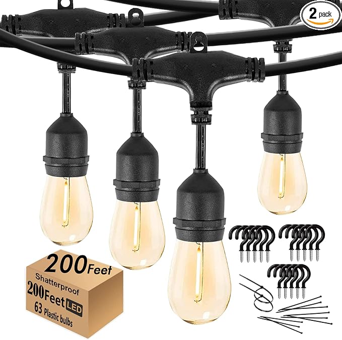 200FT String Lights for Outside LED Patio Lights Outdoor Waterproof | 63 Shatterproof Led Edison Lights,2200K Warm White Bistro Lights,Outdoor String Lights for Backyard Patio Gazebo Pergola Café