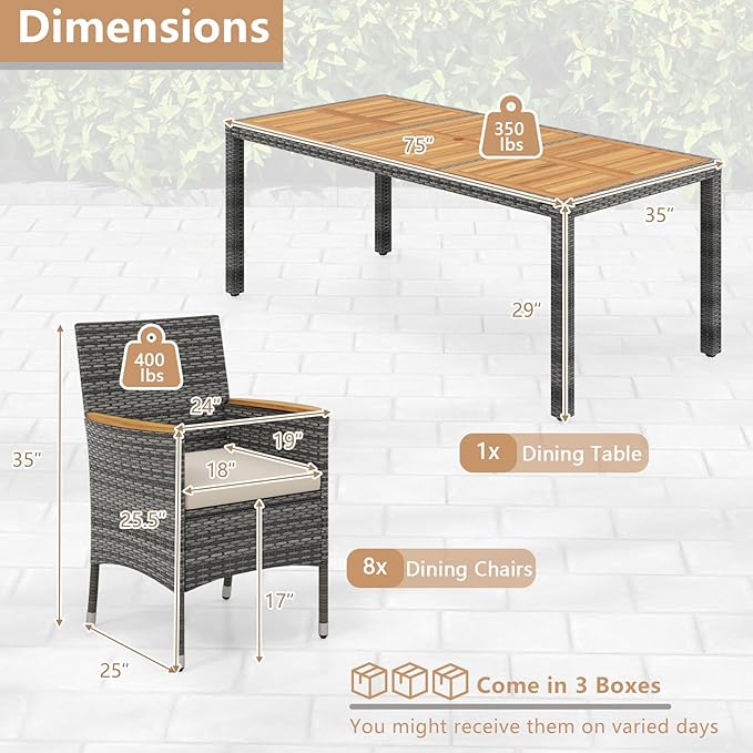 COSTWAY 9-Piece Patio Dining Set for 8, Outdoor Rattan Wicker Table and Chairs Furniture Set with Umbrella Hole, Acacia Wood Tabletop for Backyard, Balcony, Poolside, Grey & White