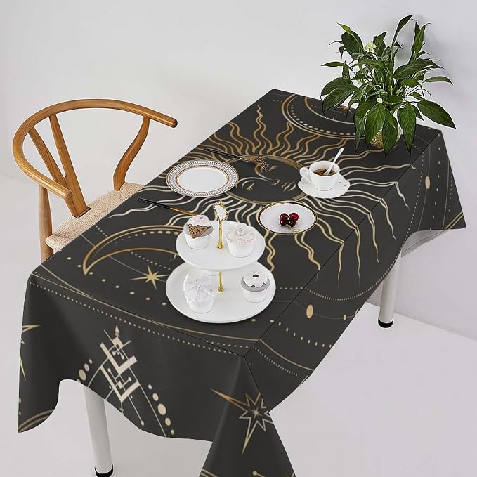 Vintage Sun Tablecloth Boho Celestial Star Magical Galaxy Space Moon Phases Table Cloth Water Resistant Wipeable Table Cover for Farmhouse Picnic Party Holiday Kitchen Dinner Table 55"x55"