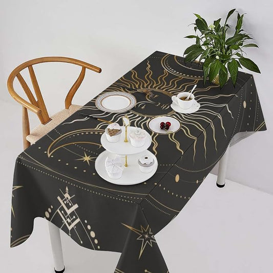 Vintage Sun Tablecloth Boho Celestial Star Magical Galaxy Space Moon Phases Table Cloth Water Resistant Wipeable Table Cover for Farmhouse Picnic Party Holiday Kitchen Dinner Table 55"x55"
