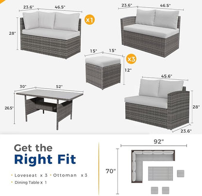 Wisteria Lane 7 Piece Patio Furniture Set, Patio Sectional for All Weather | High Curved Back Outdoor Furniture Dining Set, Wicker Patio Sofa, Patio Conversation Sets with Ottoman for Porch, Ash Grey